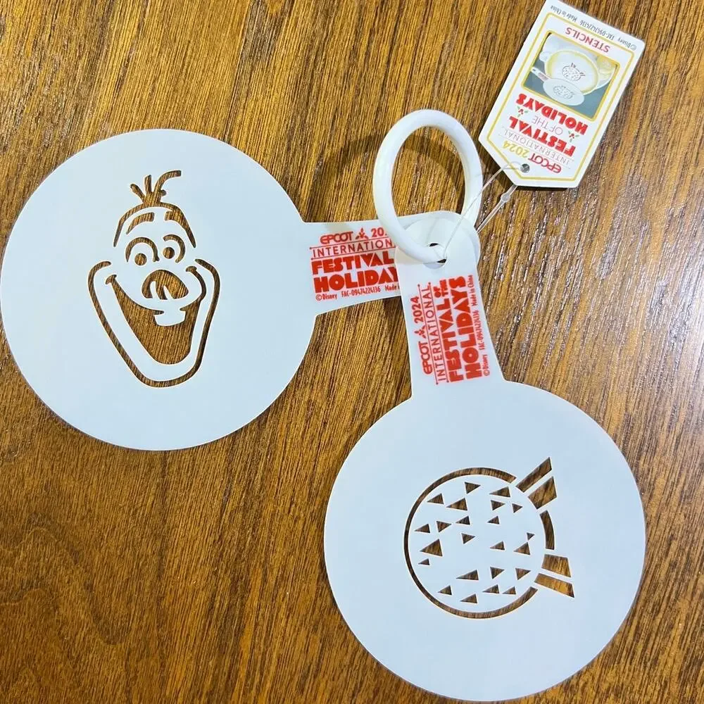 NWT Disney Epcot Festival of the Holidays Coffee Stencils Olaf & Spaceship Earth